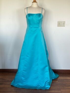 Mori Lee Aqua - Turquoise Satin Spaghetti Strap Ball Gown Size 13/14